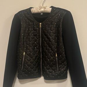 Black Quilted Bomber Jacket with Gold Accents